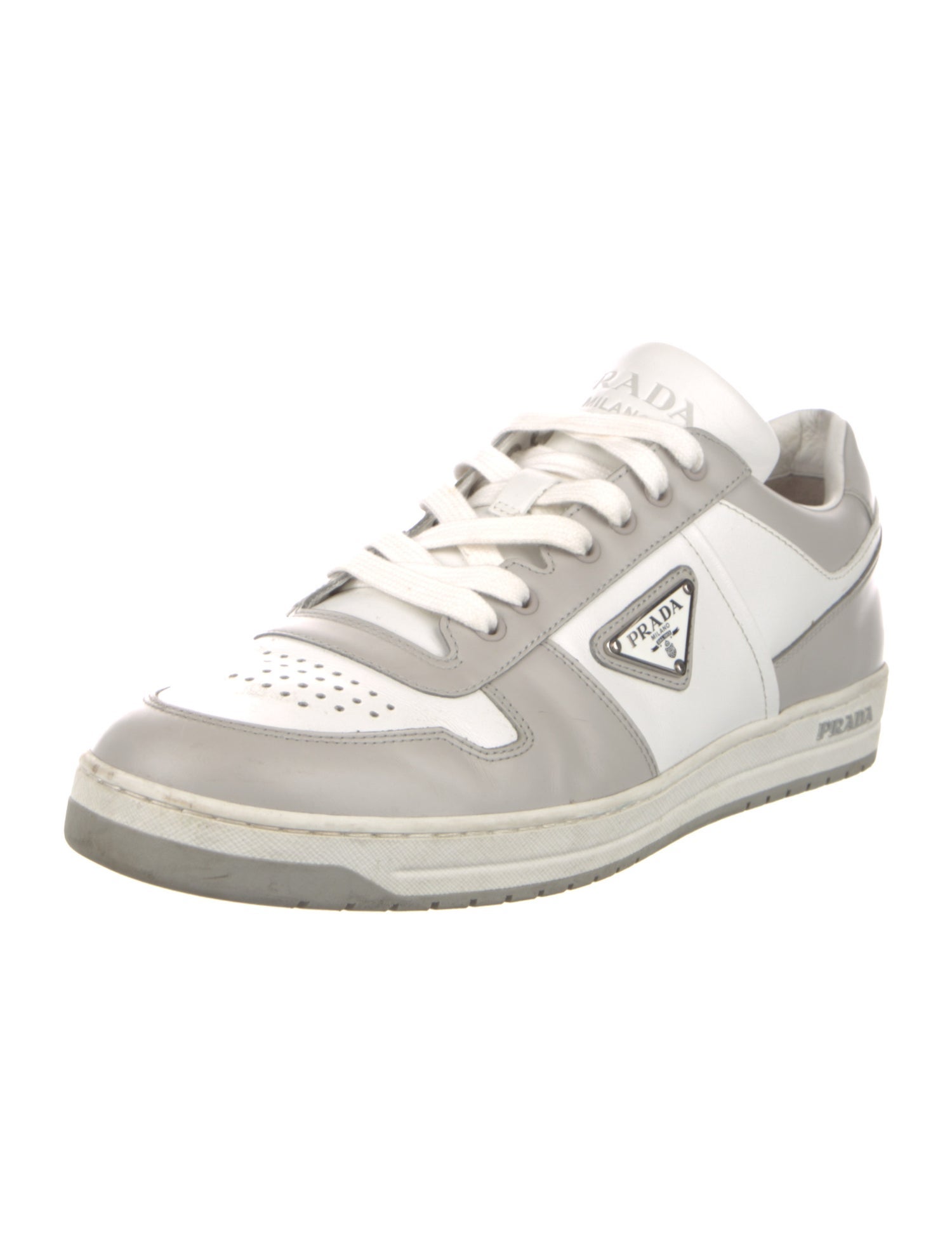 Prada Enameled Metal Triangle Leather Sneakers